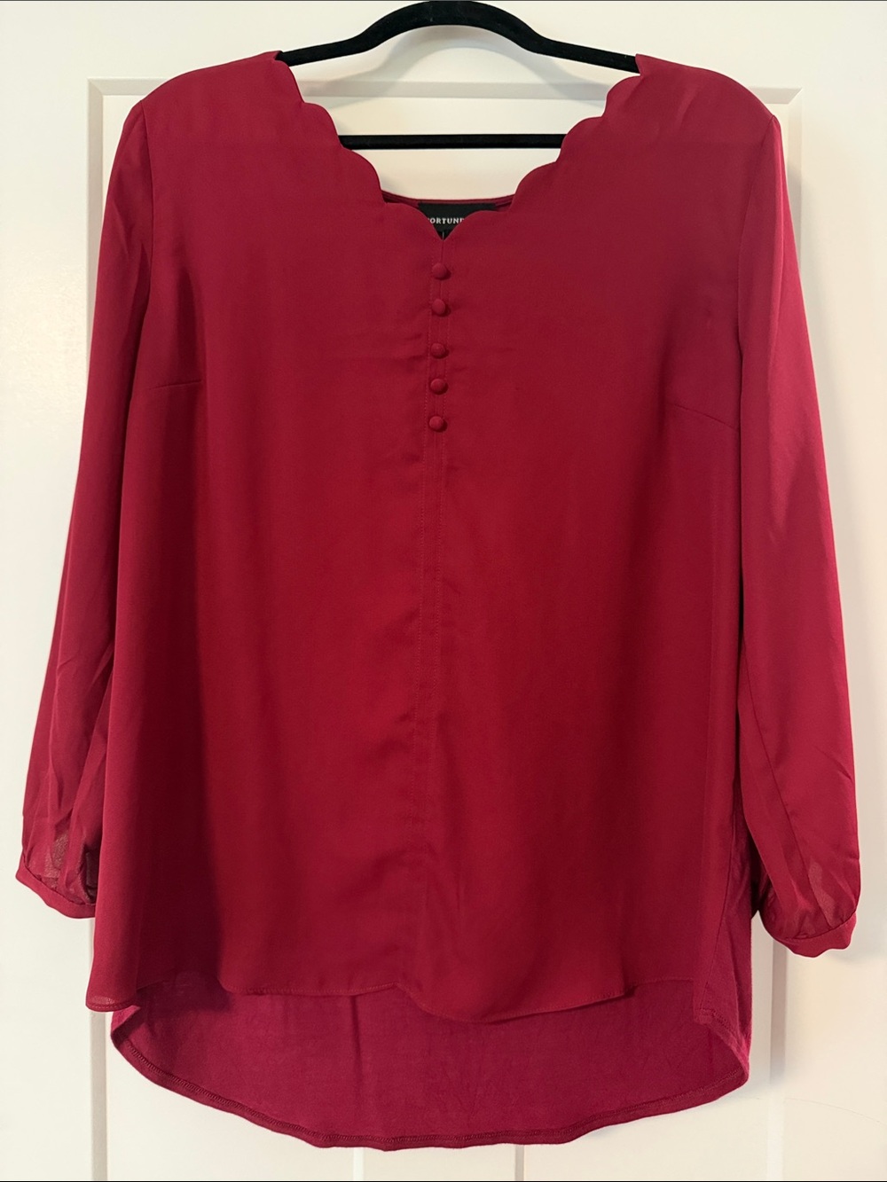 Scalloped V-Neck Wine-Red Blouse with Covered Buttons